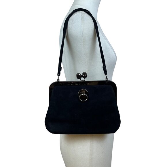 Saber Women’s Black Suede With Silver Metal Frame & Kiss Lock Closure Clutch Bag - Picture 9 of 10